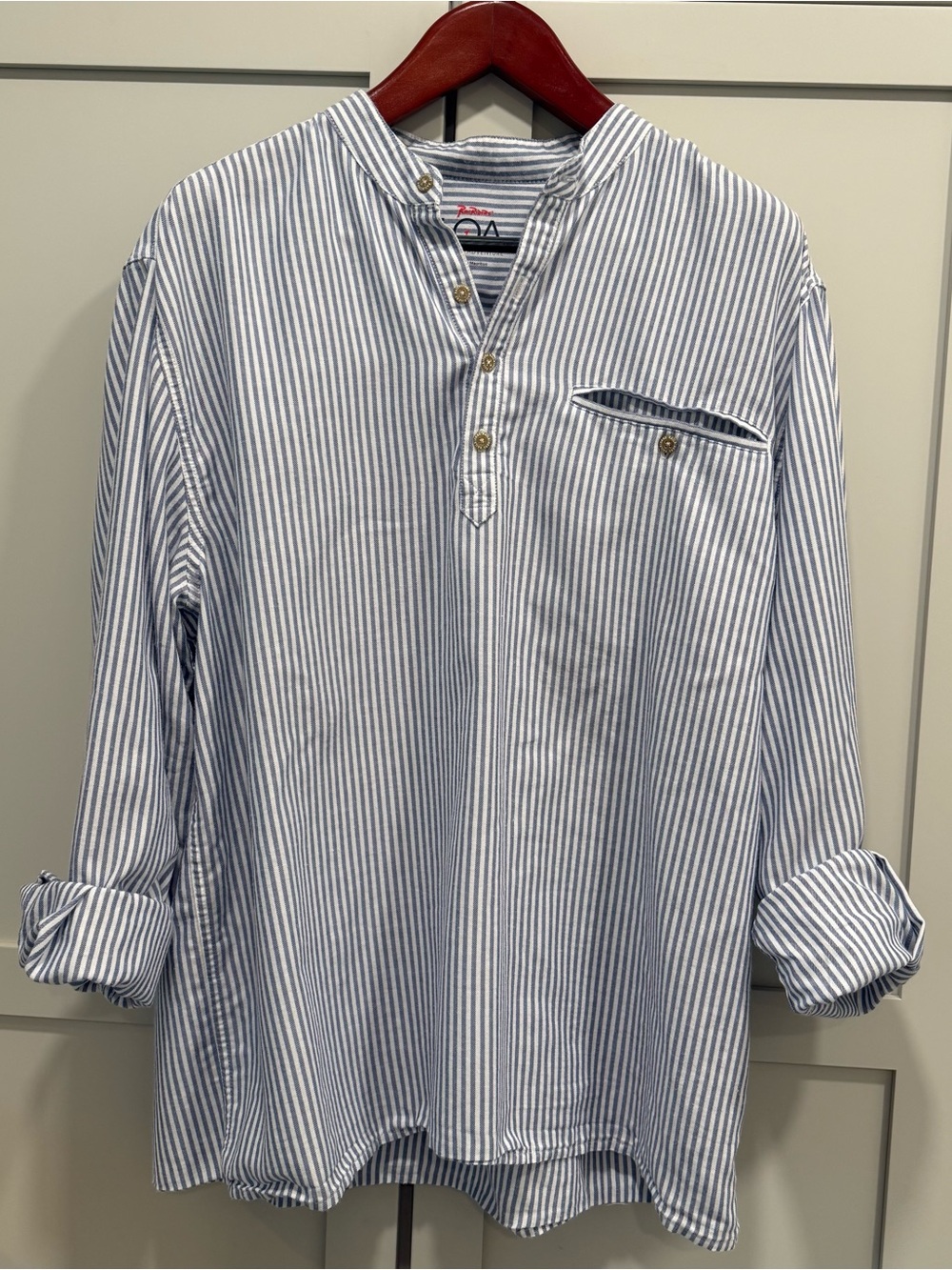 RailRiders LOA Men’s XL Blue/White Striped Band Collar LS Henley shirt Pockets